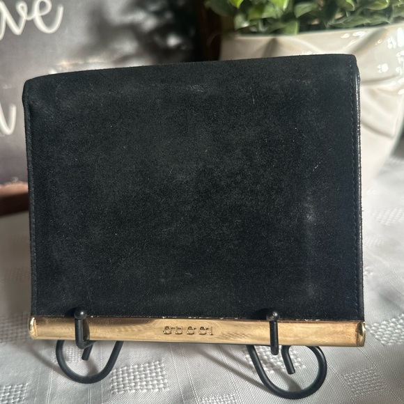 Gucci suede and leather black bifold wallet gold trim 4” x 5” unisex - Picture 1 of 15